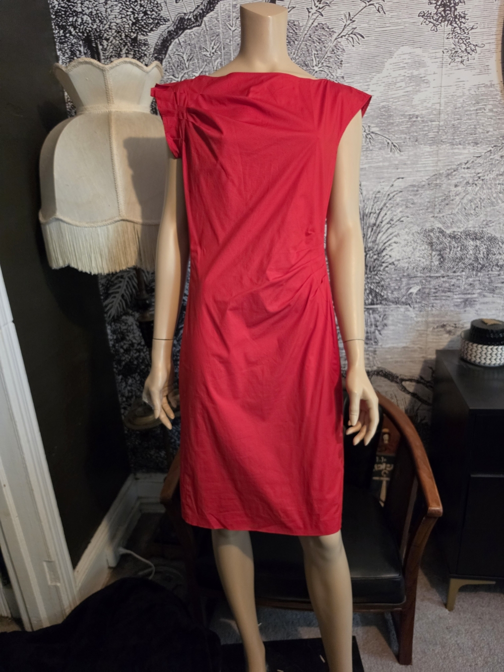 BOSS Hugo Boss Red Draped Asymmetric Ruched Sheath Dress - Size 10